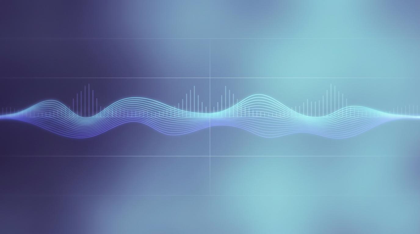 Abstract waveform and loudness-meter motif in indigo and cyan representing audiobook audio mastering