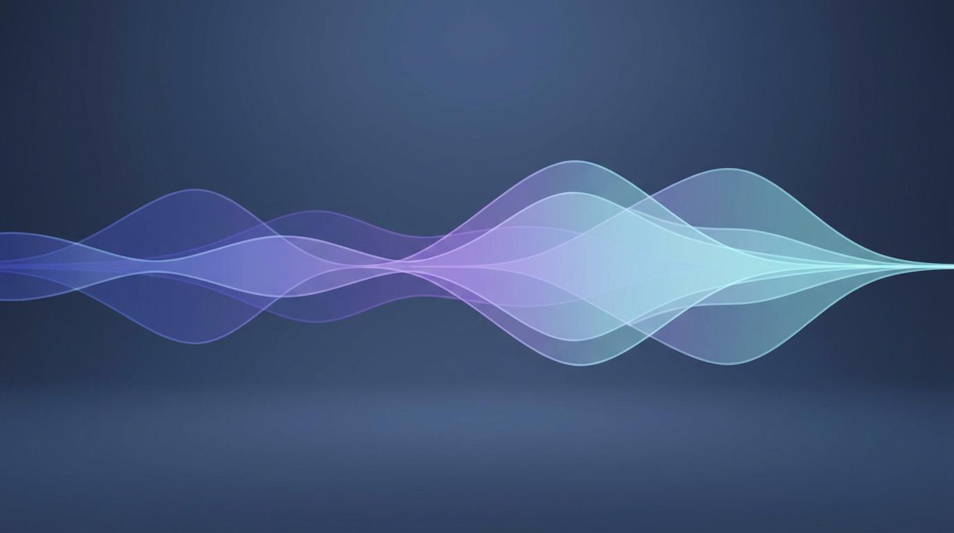 Abstract layered waveforms separating into colored bands on a cool indigo and cyan gradient background