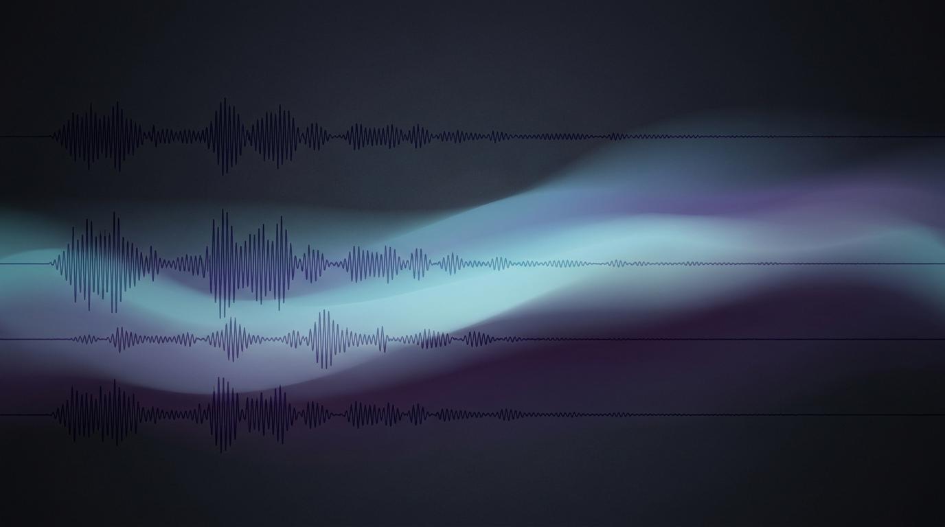 Abstract layered waveforms in indigo and cyan representing AI audio tool developments
