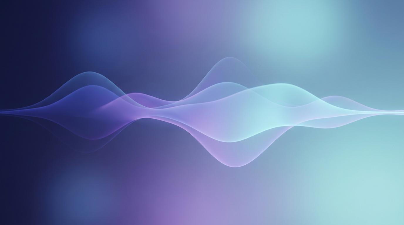 Abstract indigo and cyan waveforms on a soft gradient evoking audiobook narration production