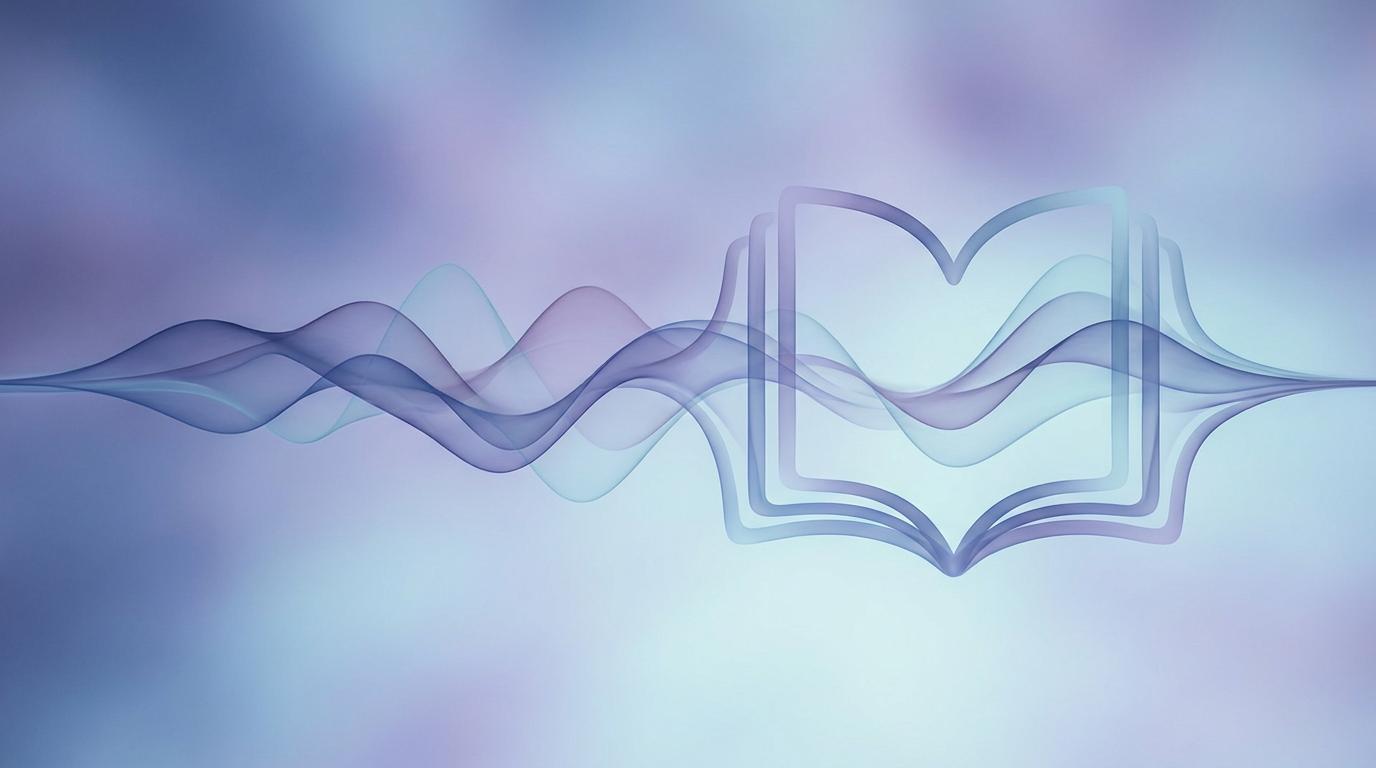 Abstract waveforms flowing into an open book, indigo and cyan gradient, representing AI audiobook narration