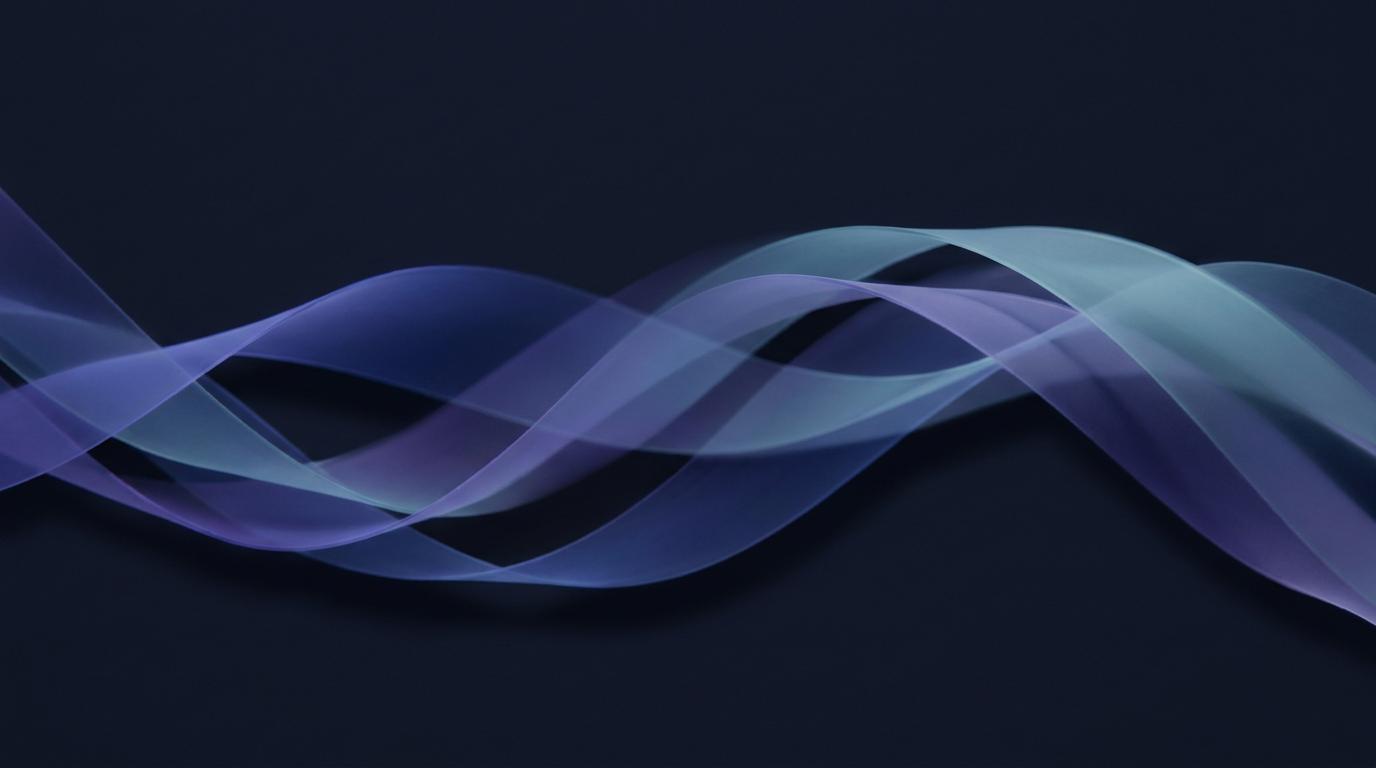 Abstract layered waveforms in indigo and cyan representing six AI audio industry updates.