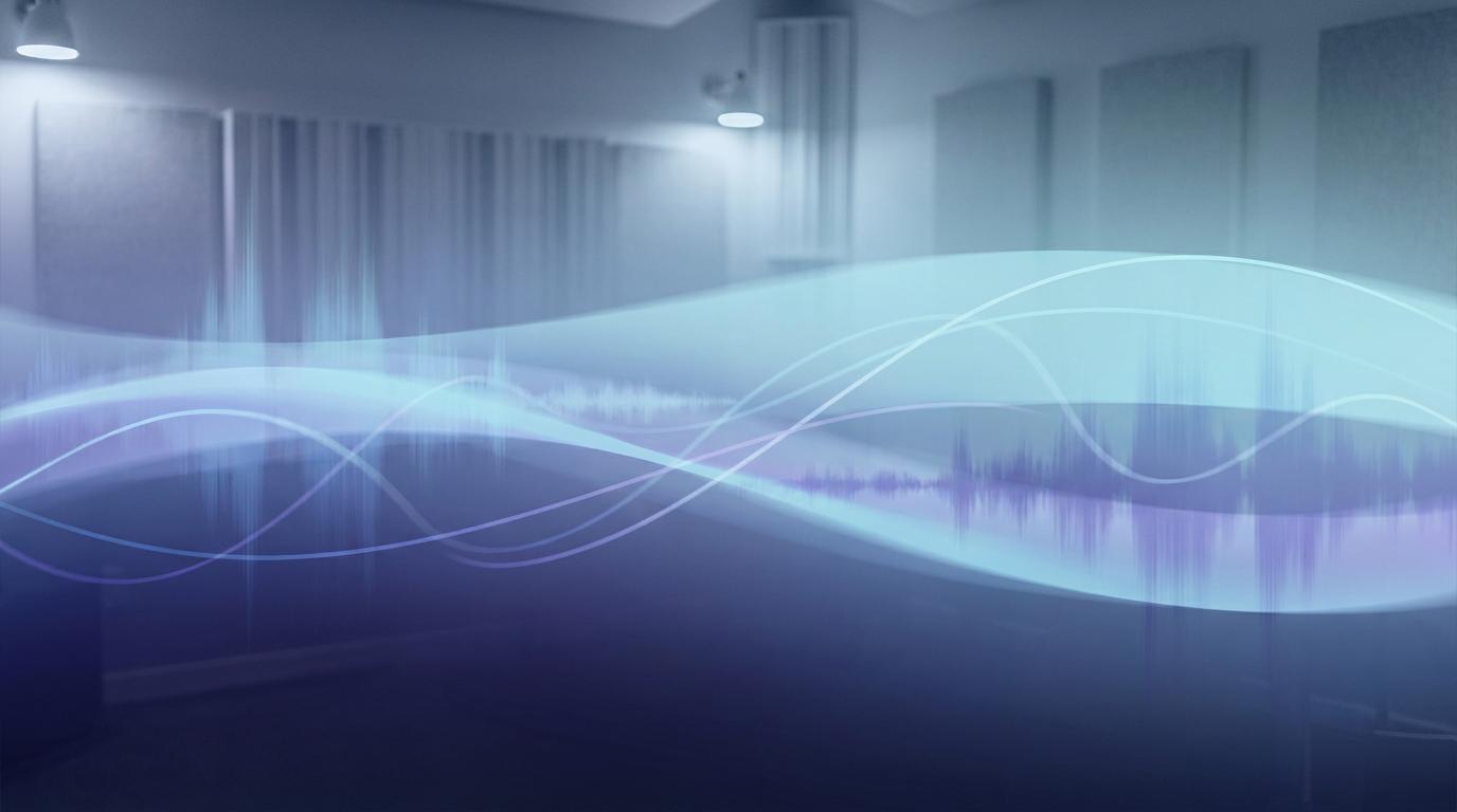 Abstract layered waveform bands separating into distinct colored tracks on a dark indigo gradient background.