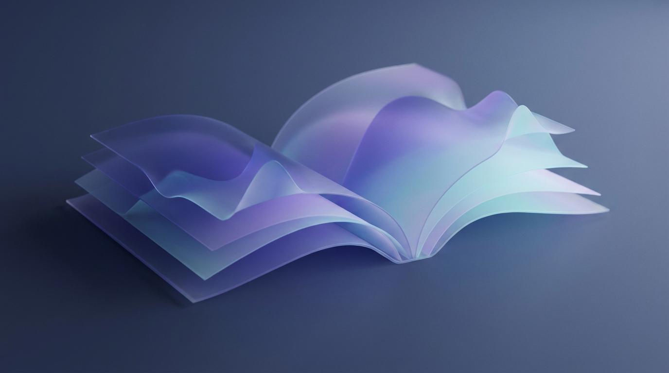 Abstract waveforms shaped like an open book in indigo and cyan, evoking AI audiobook production