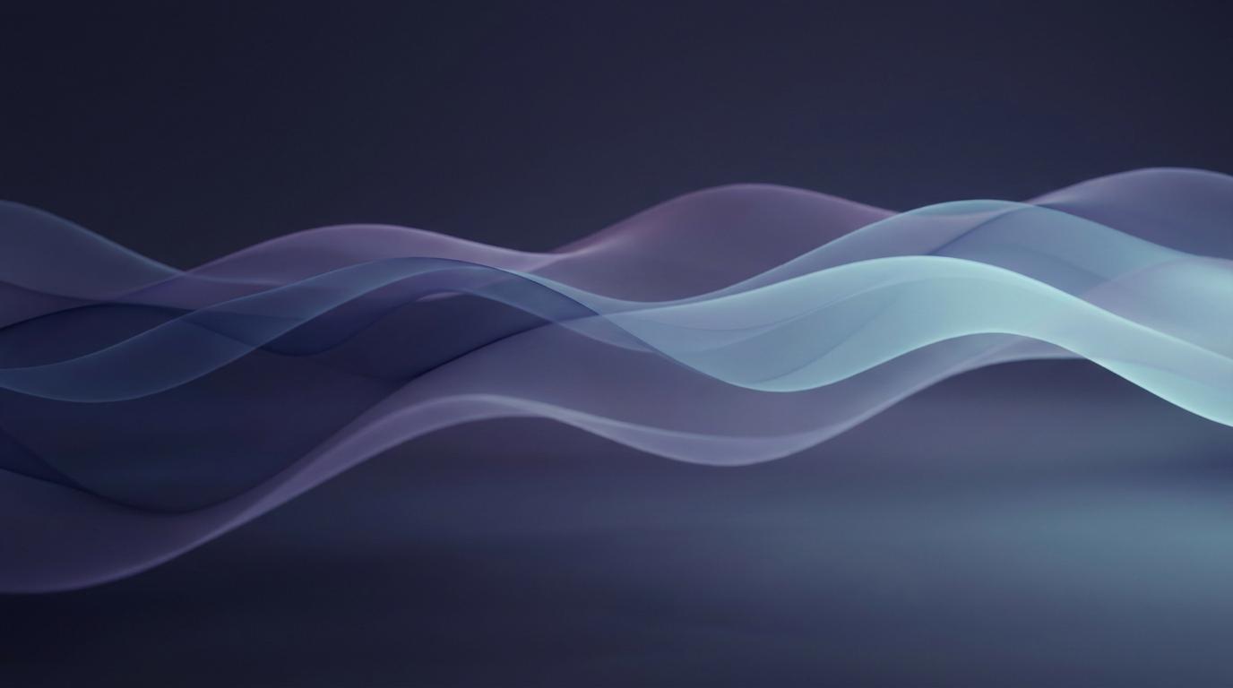 Abstract layered waveforms in indigo and cyan representing consistent voiceover across video platforms