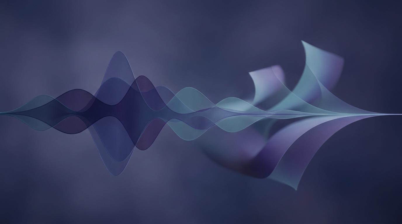 Abstract waveforms flowing into gradient ribbons suggesting a book transformed into audio narration