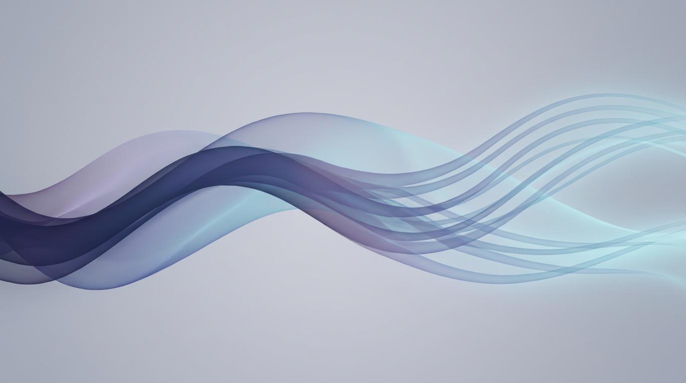 Abstract waveforms branching into parallel streams in indigo and cyan, evoking one audiobook split into multiple languag