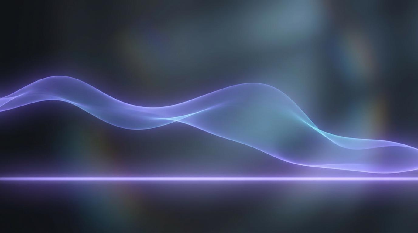 Abstract waveform settling into a clean baseline in indigo and cyan, suggesting mastered audiobook audio