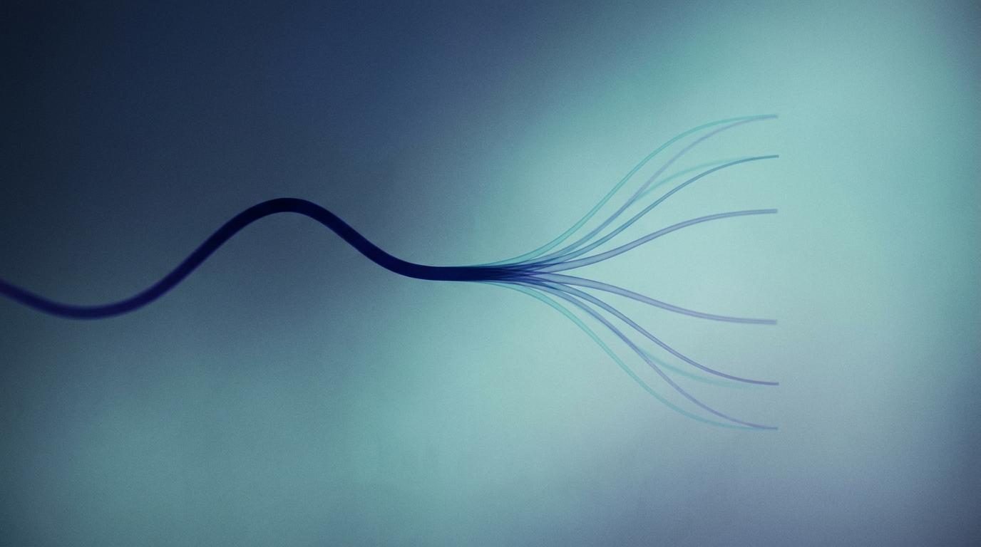 Abstract waveform splitting into six branching streams on an indigo and cyan gradient background