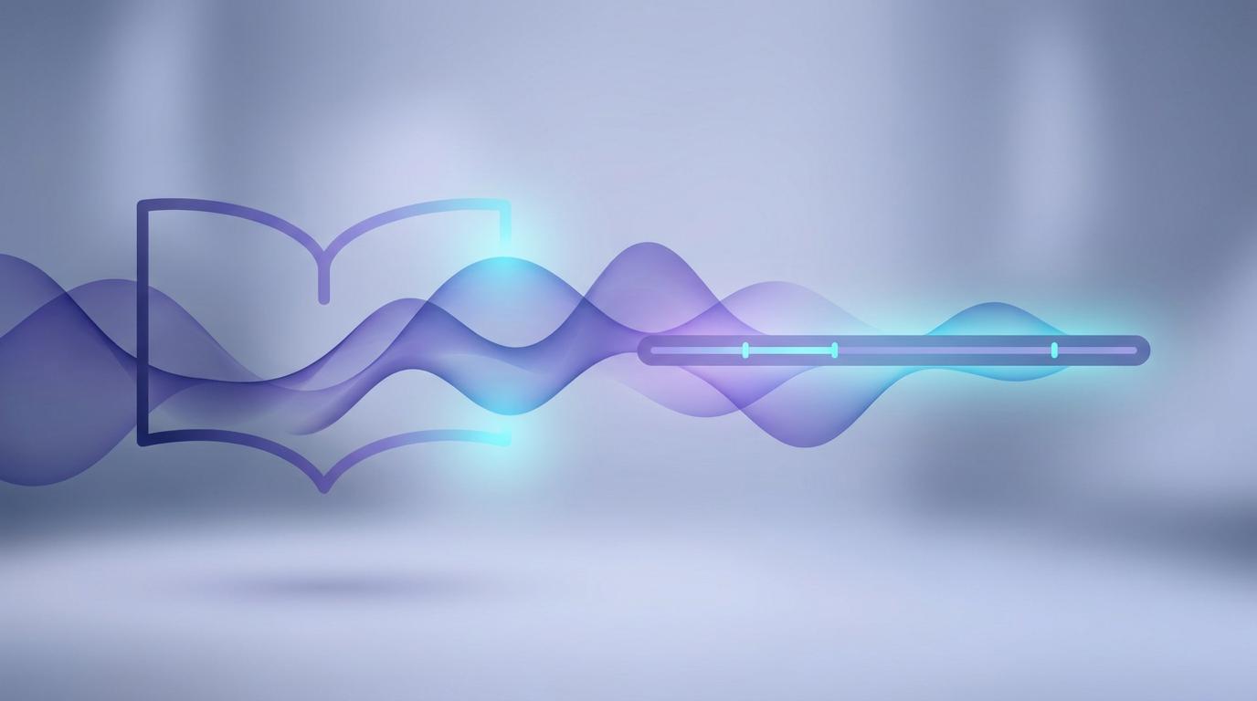 Abstract waveform flowing from an open book into an audio timeline in indigo and cyan tones