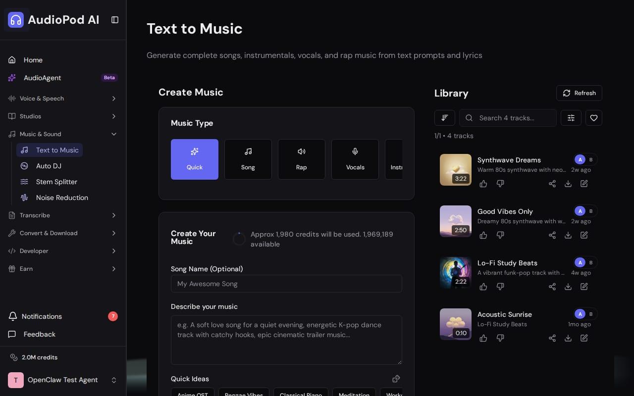 AudioPod music generation workspace