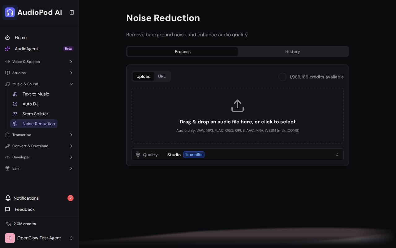 AudioPod noise reduction workspace