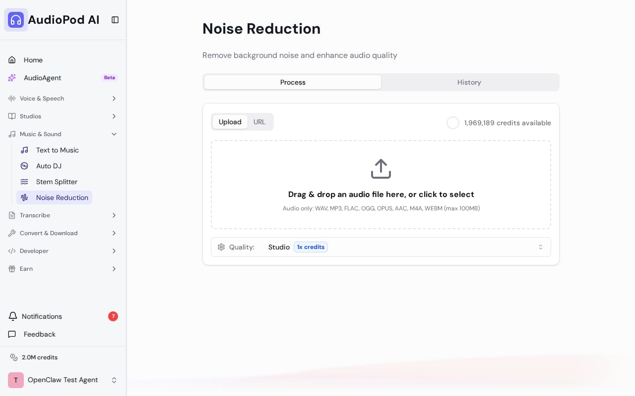 AudioPod noise reduction workspace