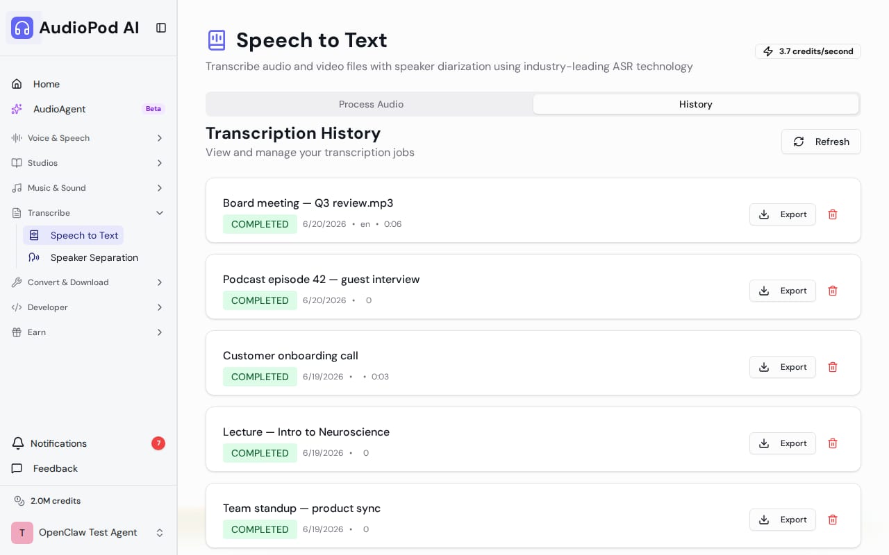 AudioPod transcription workspace