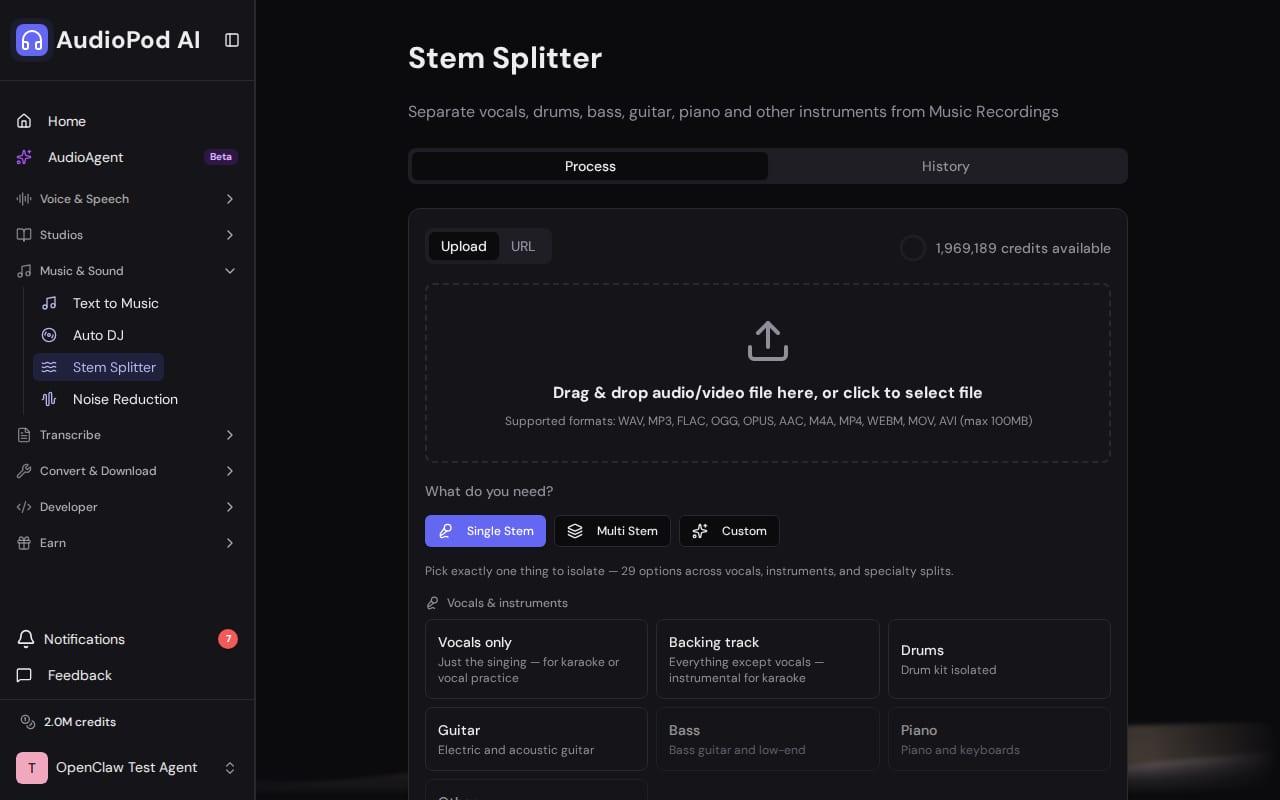 AudioPod stem splitter workspace