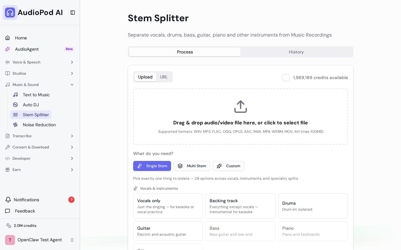 AudioPod stem splitter workspace