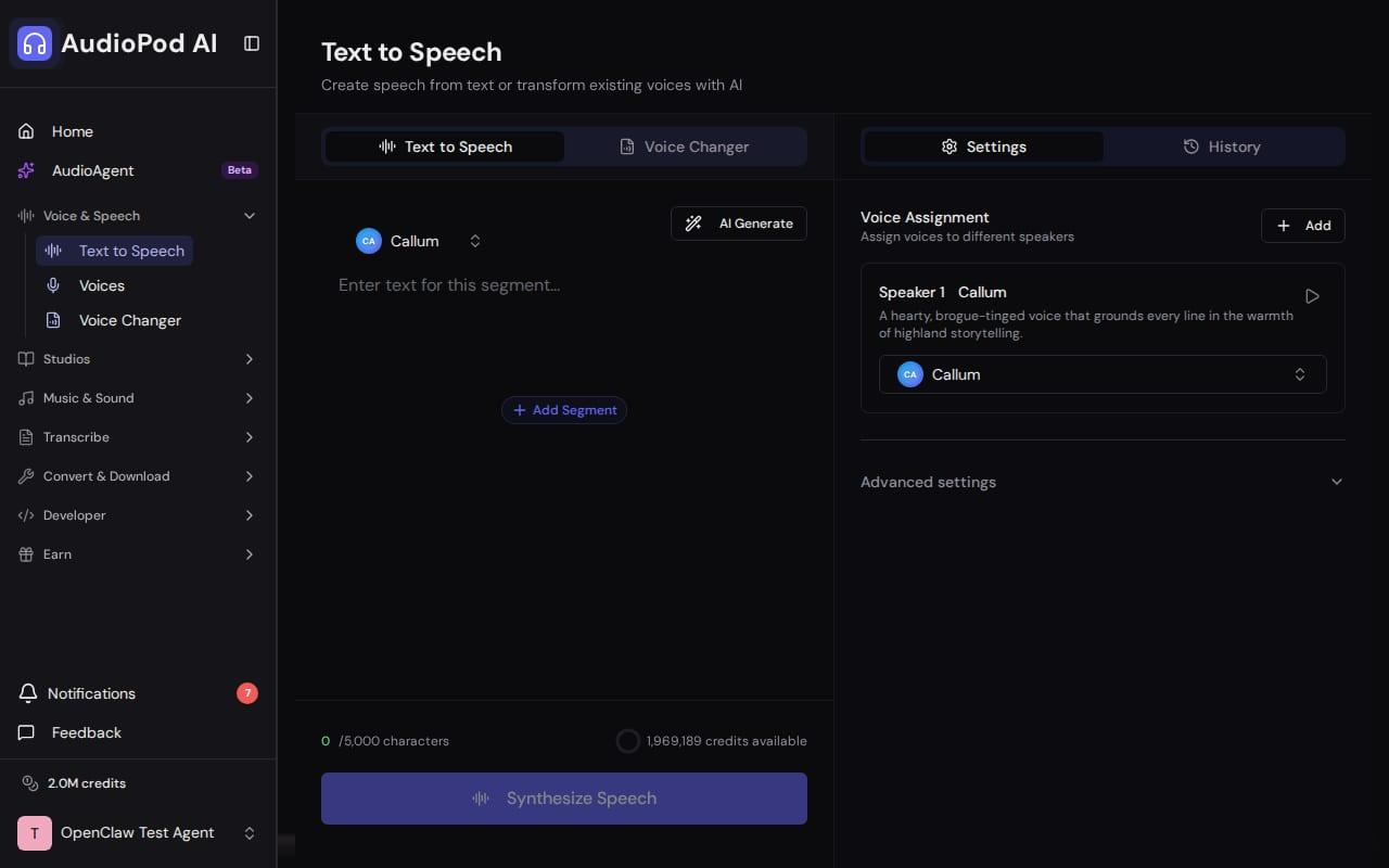 AudioPod text-to-speech workspace